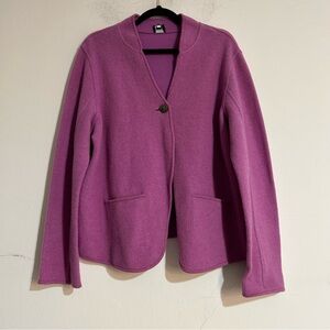 Eileen Fisher Lambswool Cotton One Button Cardigan Sweater Blazer Pink